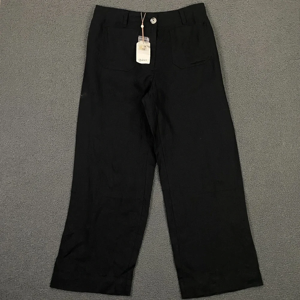 Quince 100% European Linen Patch Pocket Wide Leg Pants size 12 Black Minimal NEW